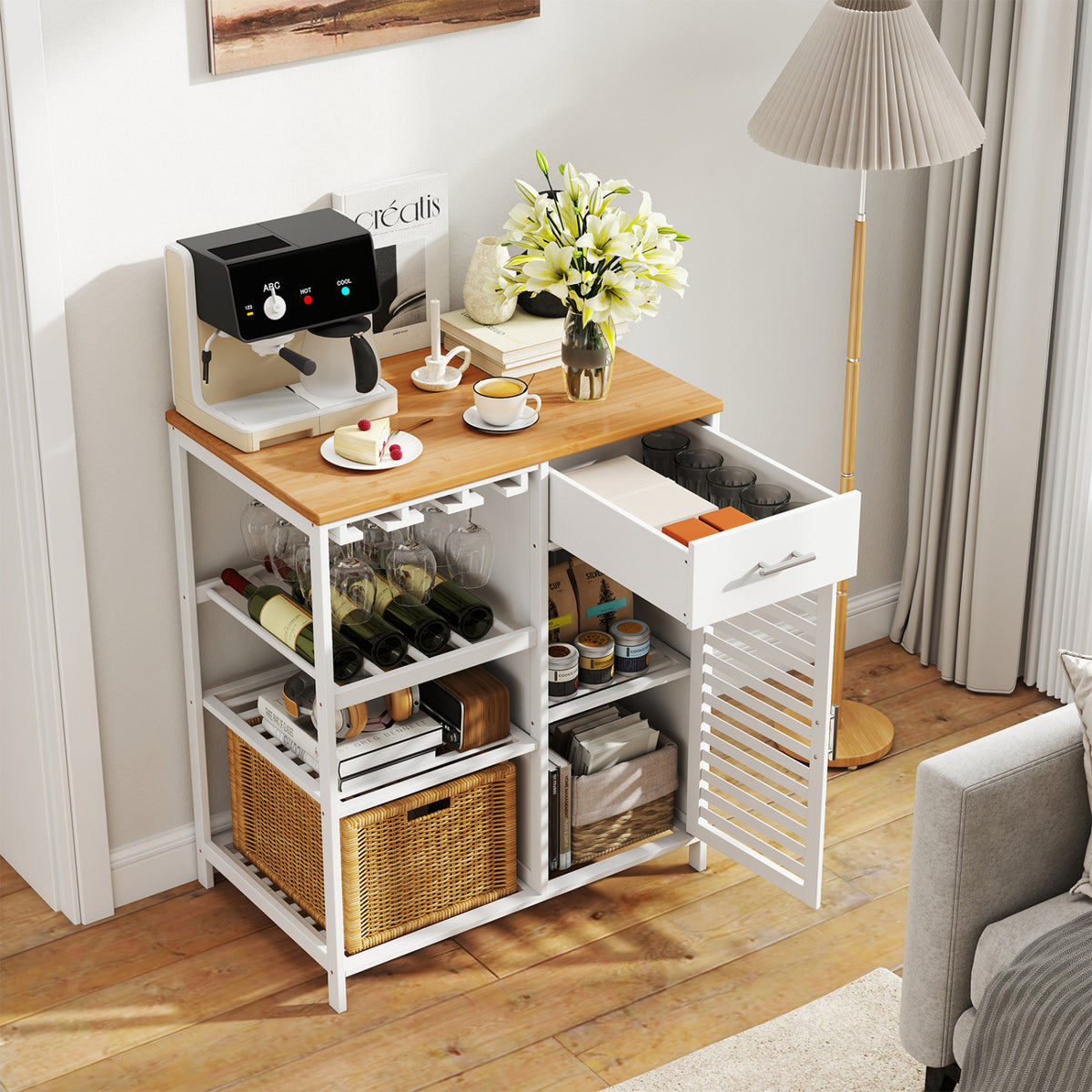 Coffee Bar Cabinet with Glass Holder Wine Rack and Bamboo Top-White