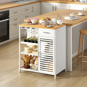 Coffee Bar Cabinet with Glass Holder Wine Rack and Bamboo Top-White