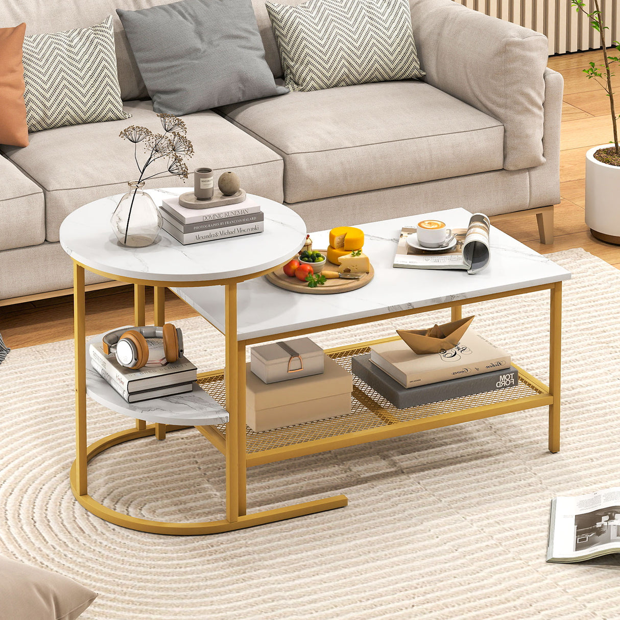 Coffee Table 2-Tier Rectangle Coffee Table and Side End Table with Storage Shelves-White and Golden