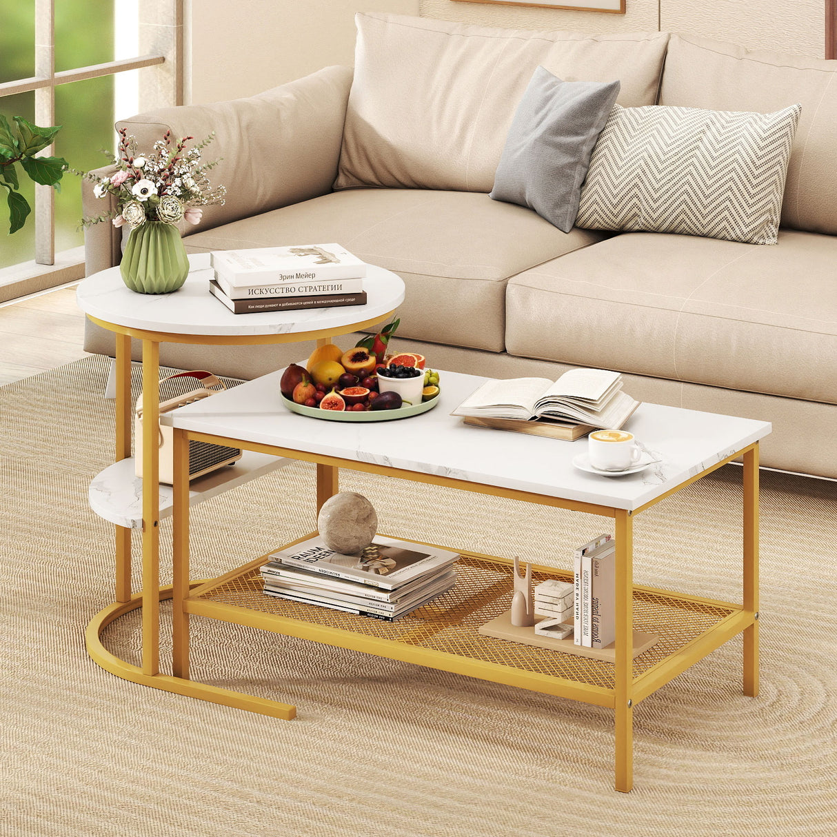 Coffee Table 2-Tier Rectangle Coffee Table and Side End Table with Storage Shelves-White and Golden