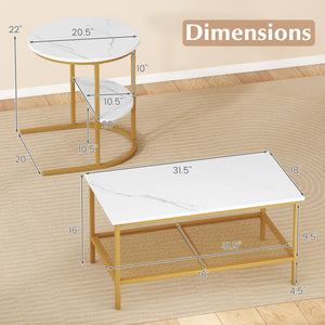 Coffee Table 2-Tier Rectangle Coffee Table and Side End Table with Storage Shelves-White and Golden