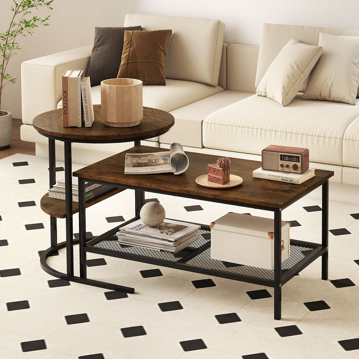 Coffee Table 2-Tier Rectangle Coffee Table and Side End Table with Storage Shelves-Rustic Brown