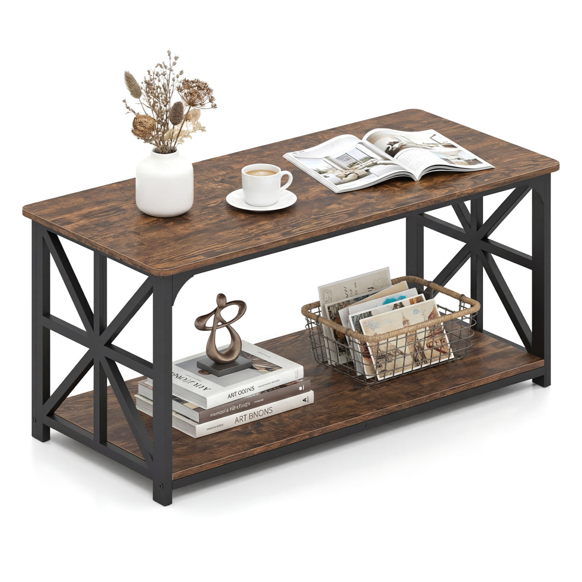 Coffee Table 2-Tier Center Table with Storage Shelf-Rustic Brown