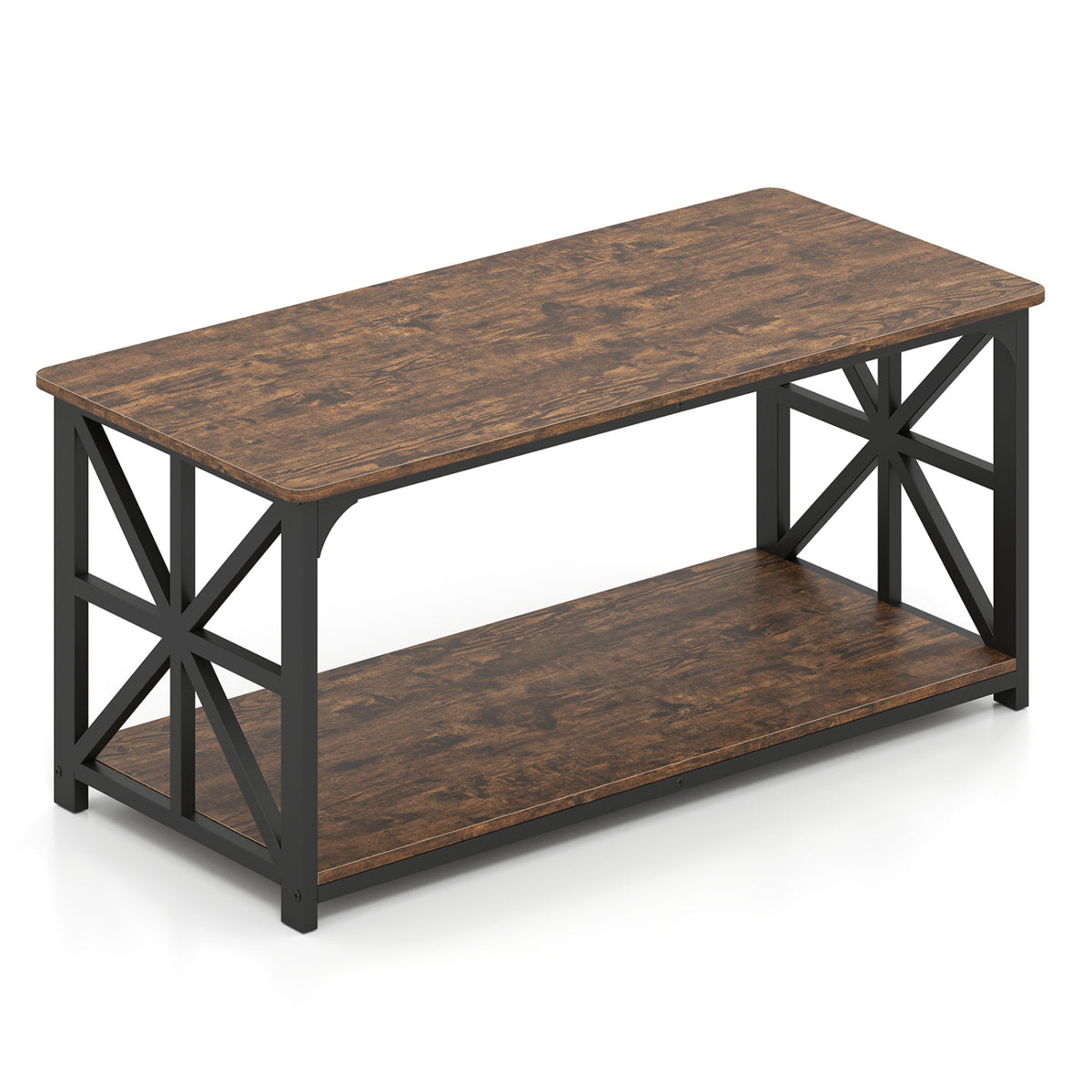 Coffee Table 2-Tier Center Table with Storage Shelf-Rustic Brown