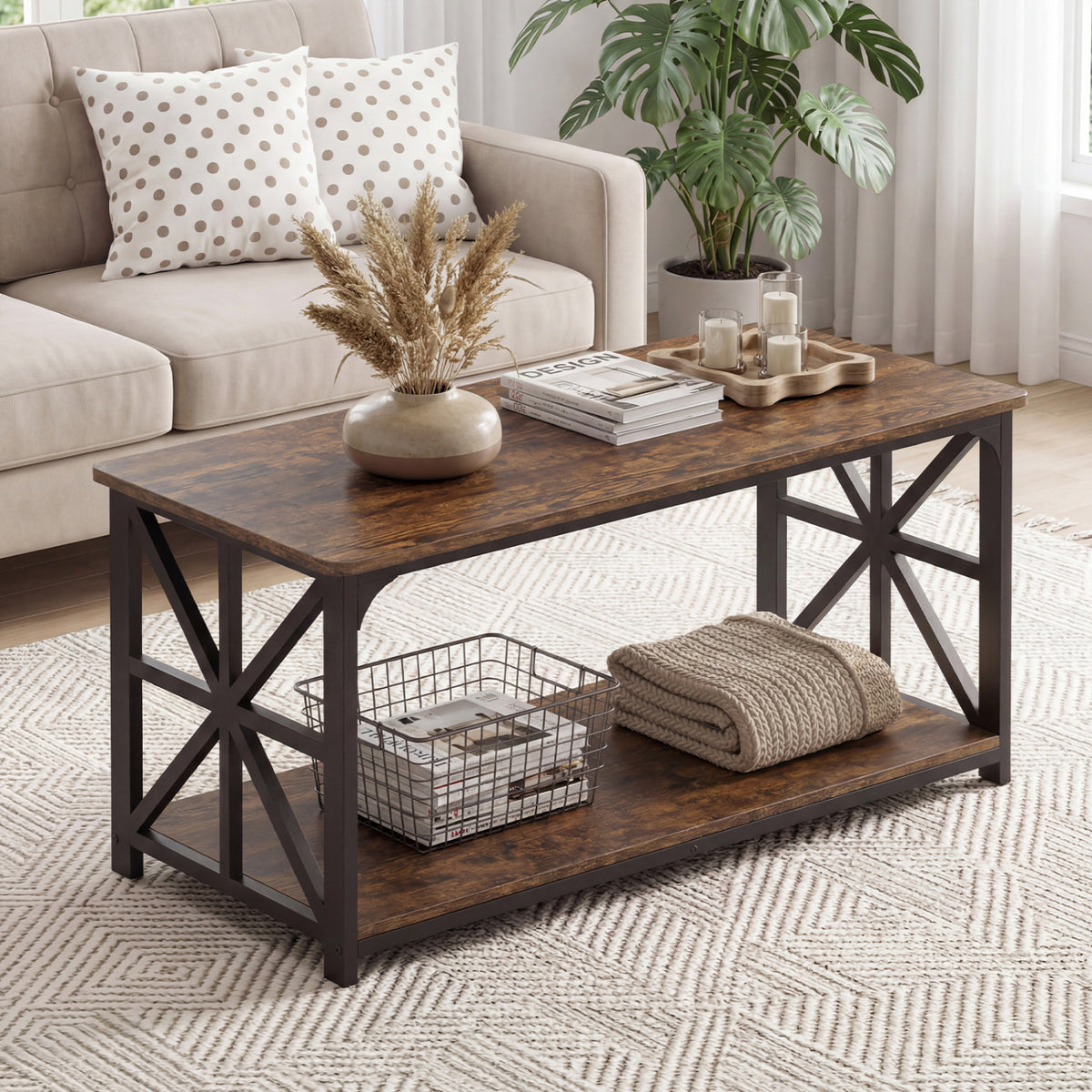 Coffee Table 2-Tier Center Table with Storage Shelf-Rustic Brown