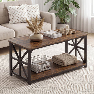 Coffee Table 2-Tier Center Table with Storage Shelf-Rustic Brown