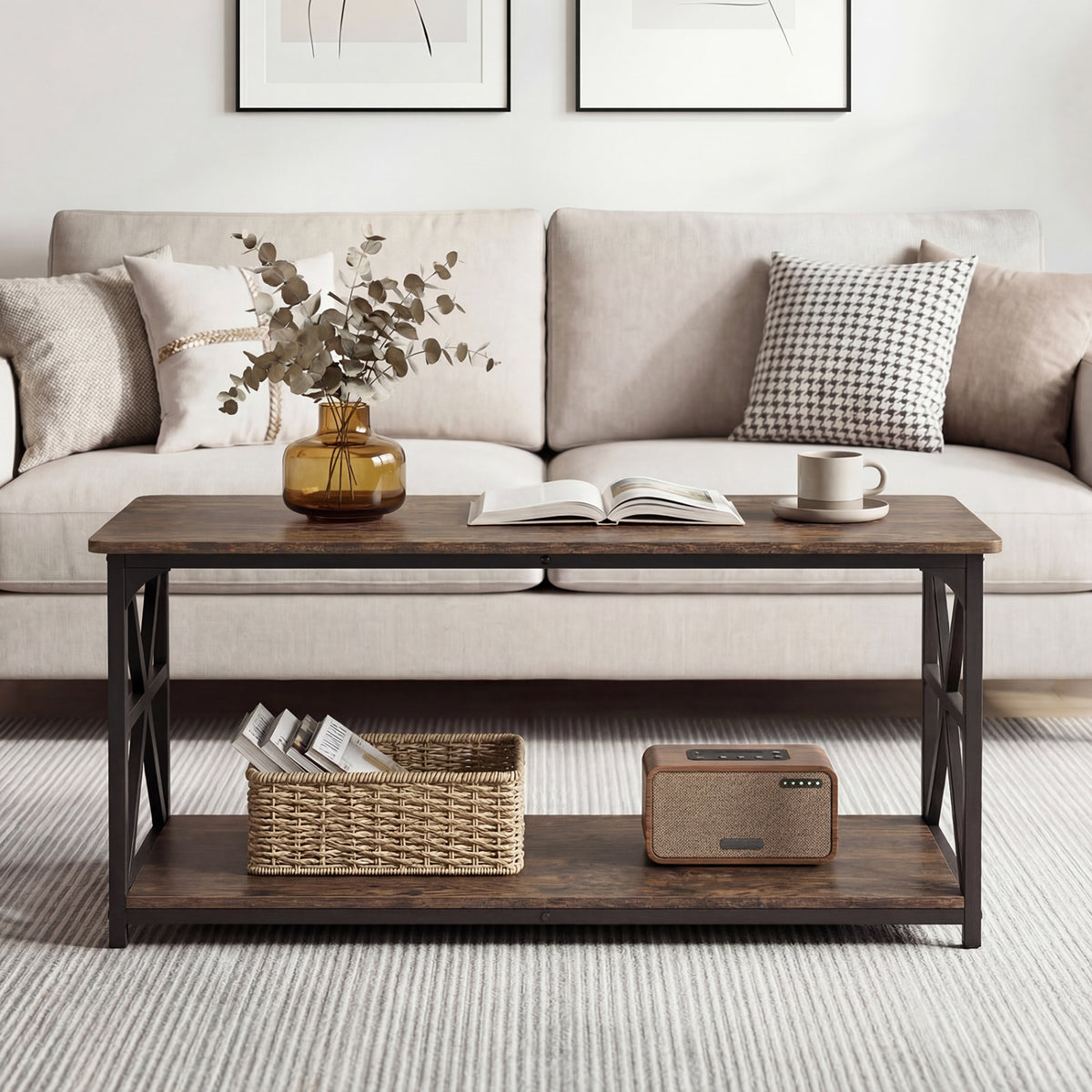 Coffee Table 2-Tier Center Table with Storage Shelf-Rustic Brown
