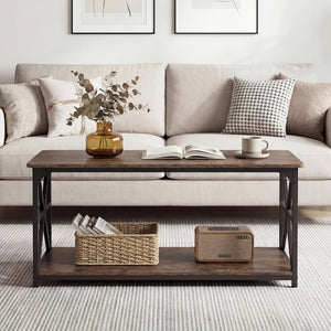 Coffee Table 2-Tier Center Table with Storage Shelf-Rustic Brown