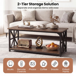 Coffee Table 2-Tier Center Table with Storage Shelf-Rustic Brown