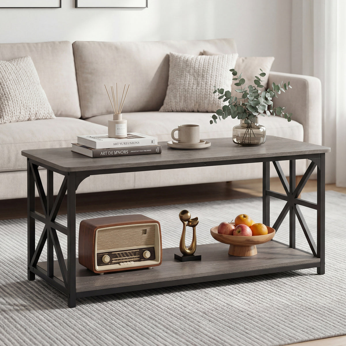 Coffee Table 2-Tier Center Table with Storage Shelf-Oak