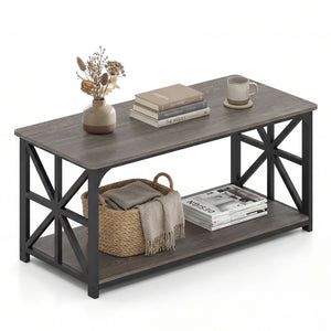 Coffee Table 2-Tier Center Table with Storage Shelf-Oak