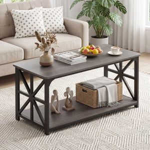 Coffee Table 2-Tier Center Table with Storage Shelf-Oak