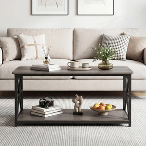 Coffee Table 2-Tier Center Table with Storage Shelf-Oak