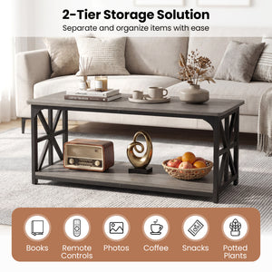 Coffee Table 2-Tier Center Table with Storage Shelf-Oak