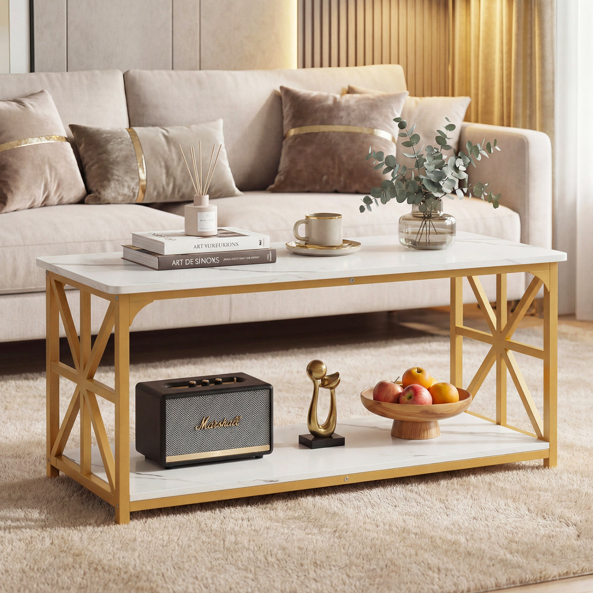 Coffee Table 2-Tier Center Table with Storage Shelf-White and Golden