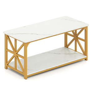 Coffee Table 2-Tier Center Table with Storage Shelf-White and Golden