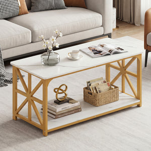 Coffee Table 2-Tier Center Table with Storage Shelf-White and Golden