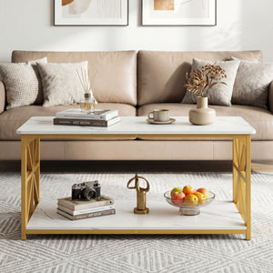 Coffee Table 2-Tier Center Table with Storage Shelf-White and Golden