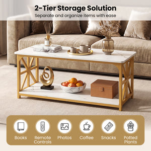 Coffee Table 2-Tier Center Table with Storage Shelf-White and Golden