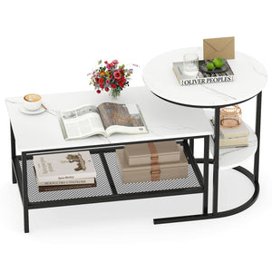Coffee Table Set of 2 2-Tier Rectangle Coffee Table and Side End Table with Storage Shelves-White