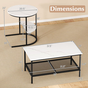 Coffee Table Set of 2 2-Tier Rectangle Coffee Table and Side End Table with Storage Shelves-White