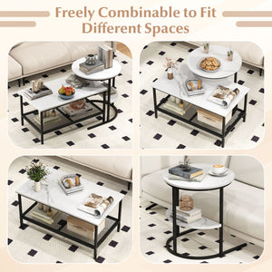 Coffee Table Set of 2 2-Tier Rectangle Coffee Table and Side End Table with Storage Shelves-White