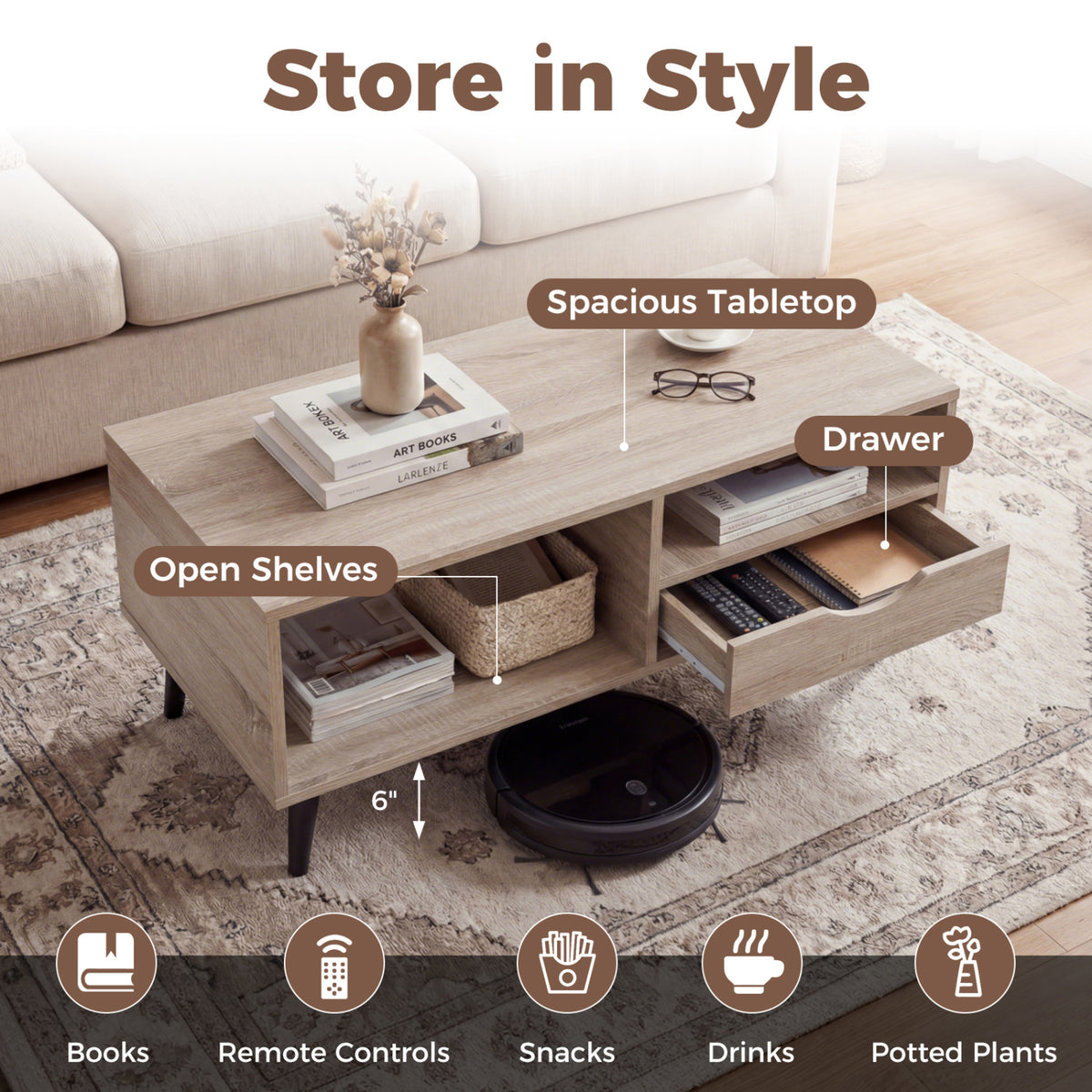 Coffee Table with Storage Rustic Rectangle Center Table-Natural
