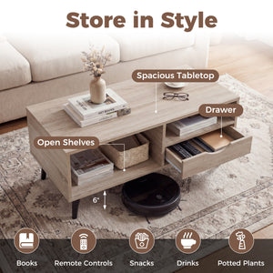 Coffee Table with Storage Rustic Rectangle Center Table-Natural