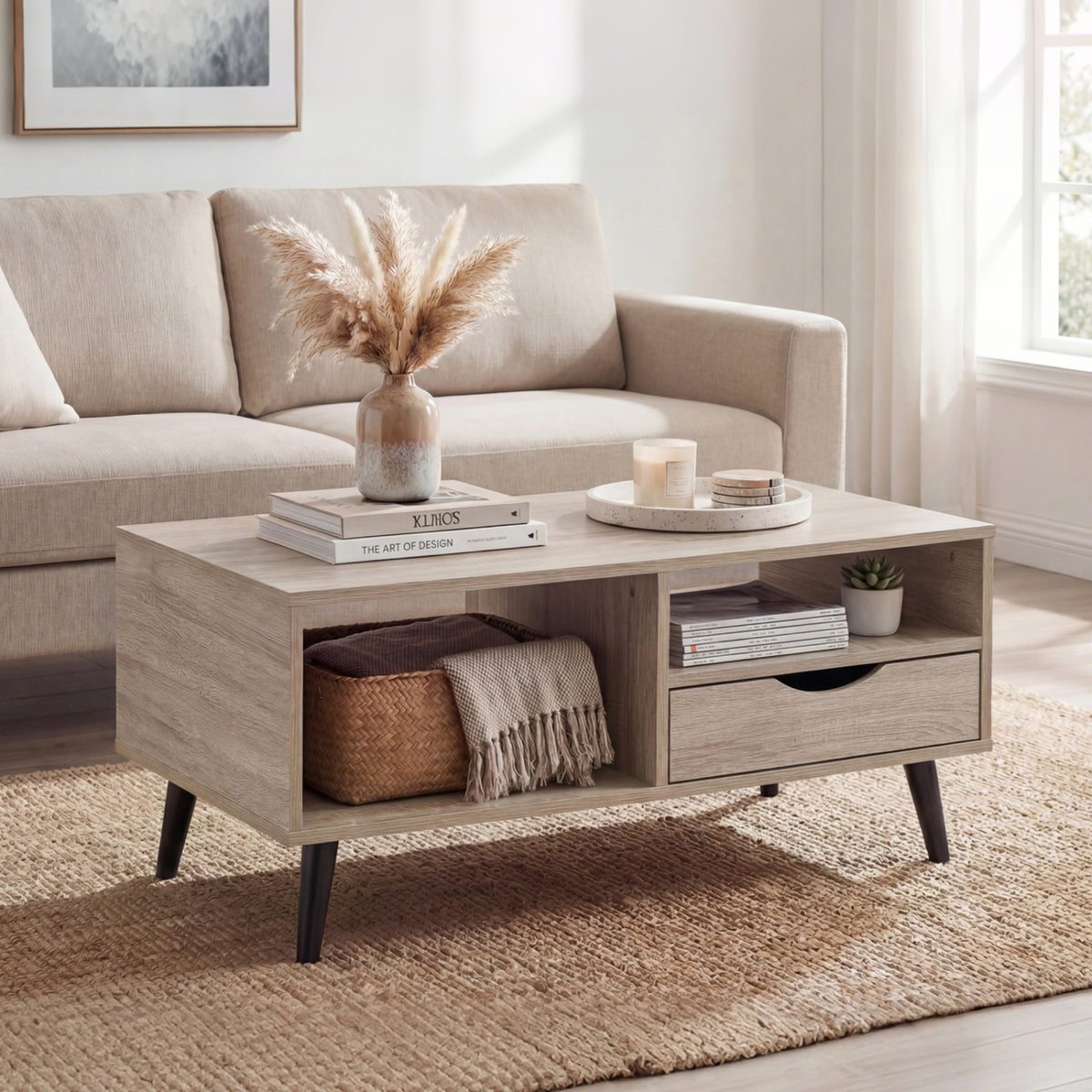 Coffee Table with Storage Rustic Rectangle Center Table-Natural