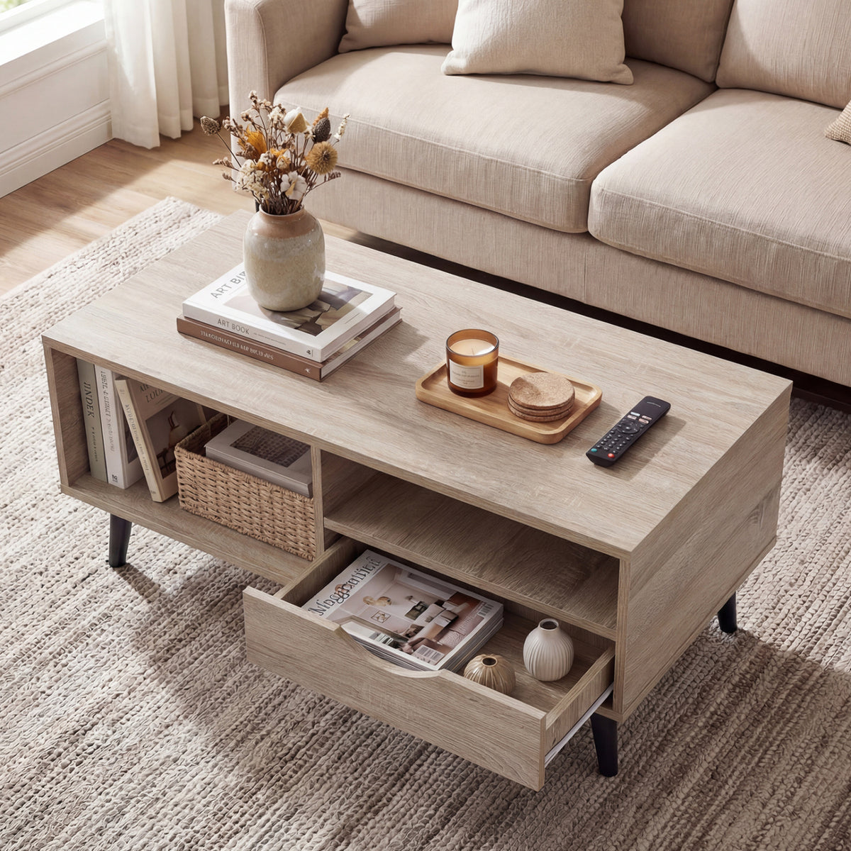 Coffee Table with Storage Rustic Rectangle Center Table-Natural