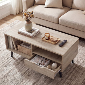 Coffee Table with Storage Rustic Rectangle Center Table-Natural