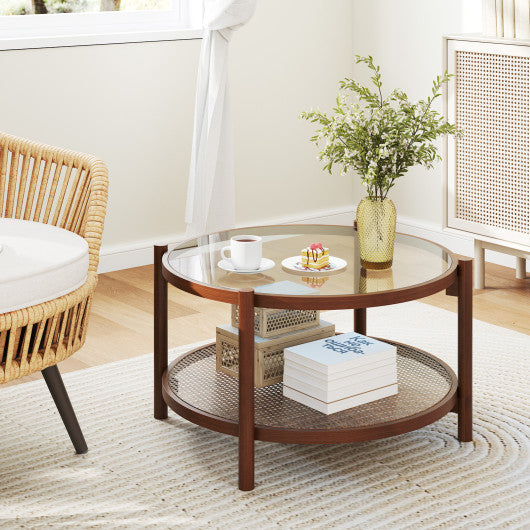 31 Inch 2-Tier Round Coffee Table with Tempered Glass Top for Living Room-Cherry