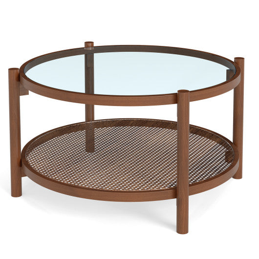 31 Inch 2-Tier Round Coffee Table with Tempered Glass Top for Living Room-Cherry