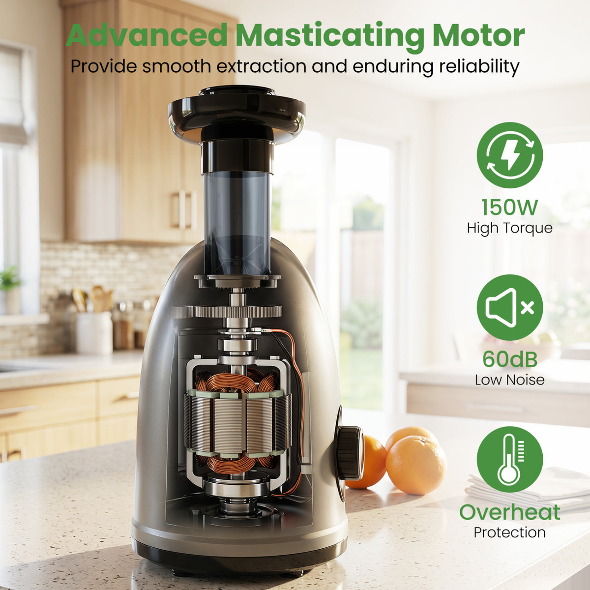 Cold Press Juicer Machine with 95% High Yield and 2-Speed Modes-Sliver
