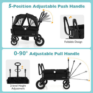 2 Seater Push Pull Collapsible Kids Wagon Stroller with Adjustable Handlebars-Black
