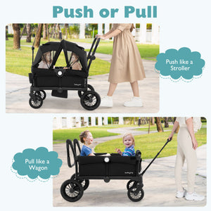 2 Seater Push Pull Collapsible Kids Wagon Stroller with Adjustable Handlebars-Black