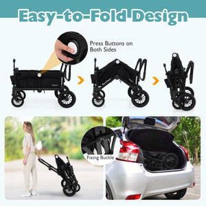 2 Seater Push Pull Collapsible Kids Wagon Stroller with Adjustable Handlebars-Black