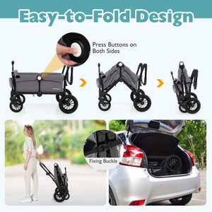 2 Seater Push Pull Collapsible Kids Wagon Stroller with Adjustable Handlebars-Gray