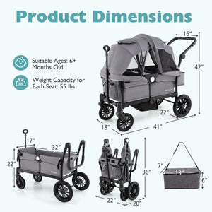 2 Seater Push Pull Collapsible Kids Wagon Stroller with Adjustable Handlebars-Gray