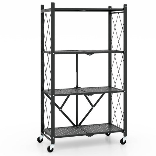4-Tier Foldable Storage Shelf Collapsible Storage Rack with Lockable Wheels-Black