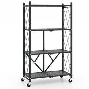 4-Tier Foldable Storage Shelf Collapsible Storage Rack with Lockable Wheels-Black