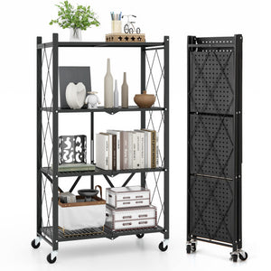 4-Tier Foldable Storage Shelf Collapsible Storage Rack with Lockable Wheels-Black