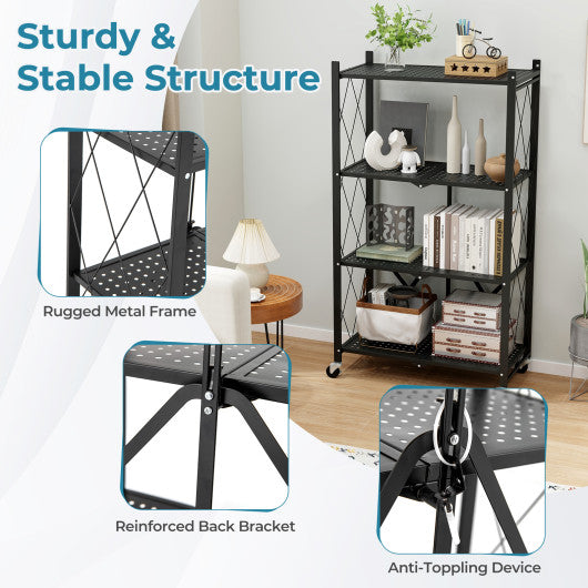 4-Tier Foldable Storage Shelf Collapsible Storage Rack with Lockable Wheels-Black