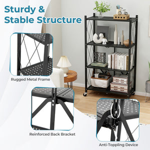 4-Tier Foldable Storage Shelf Collapsible Storage Rack with Lockable Wheels-Black