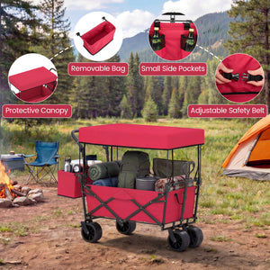 Collapsible Wagon with Removable Canopy and Detachable Storage Bag-Red
