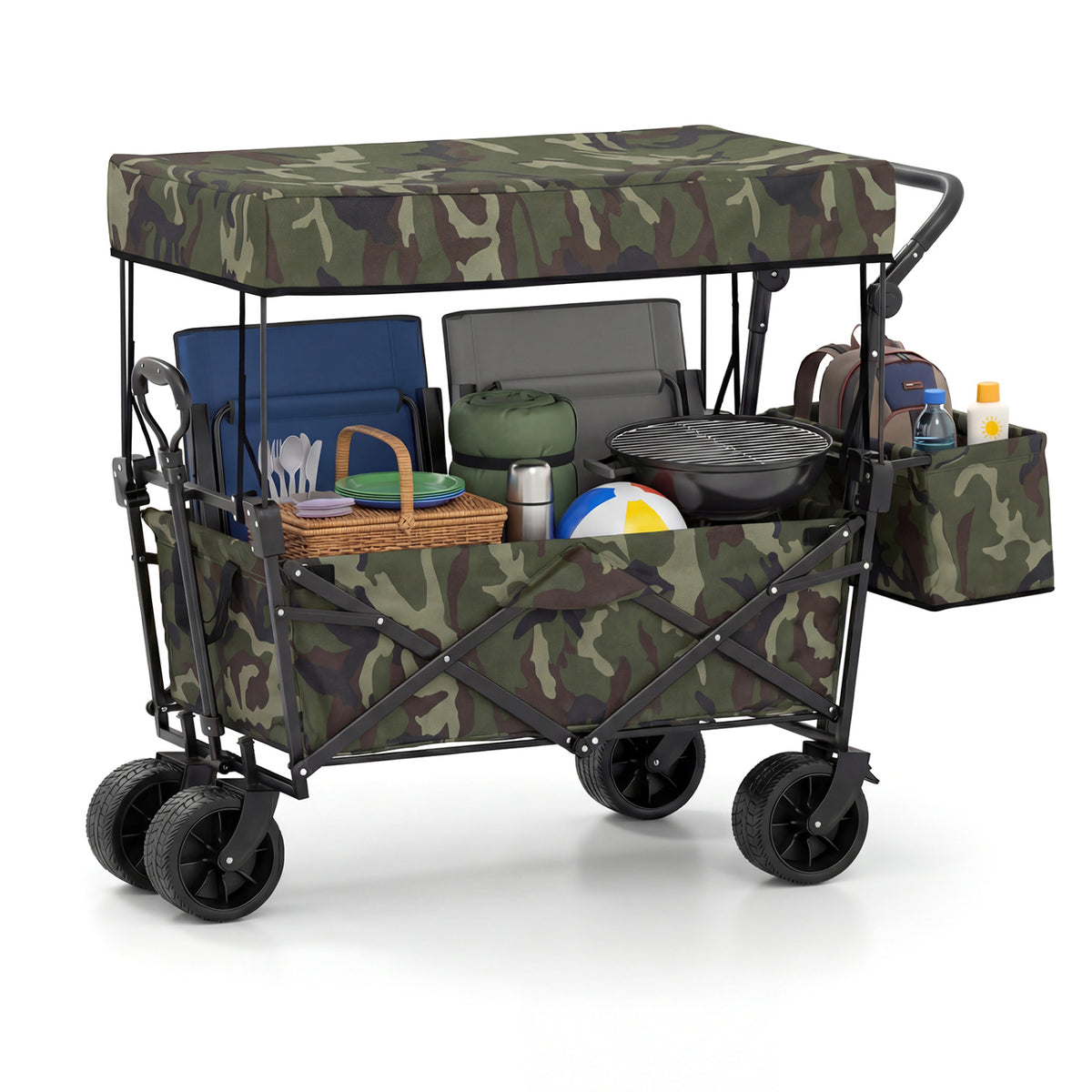 Collapsible Wagon with Removable Canopy and Detachable Storage Bag-Green