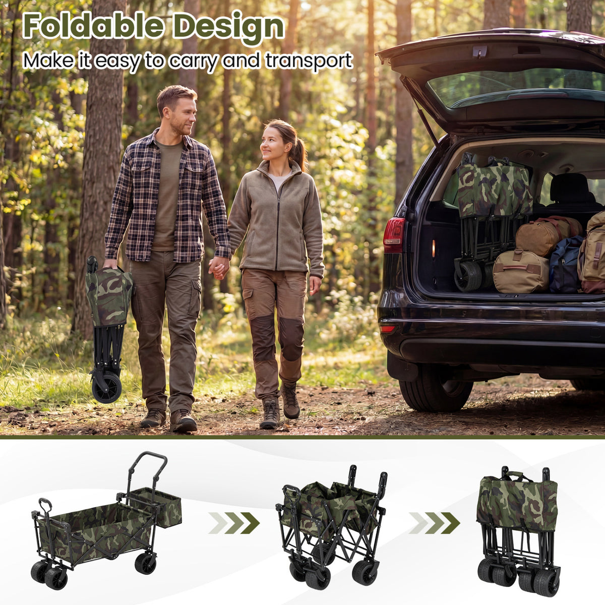 Collapsible Wagon with Removable Canopy and Detachable Storage Bag-Green