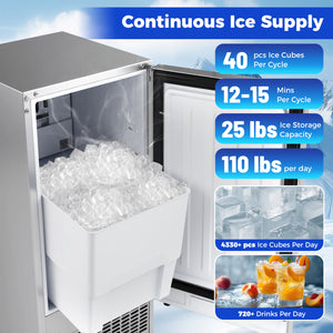 Commercial Ice Maker with 25 lbs Storage Capacity for Home Bar Cafe