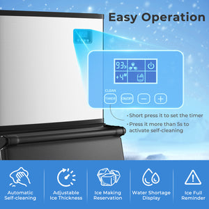 Commercial Ice Maker Machine 418 LBS/24H with 200 LBS Storage Bin-Silver