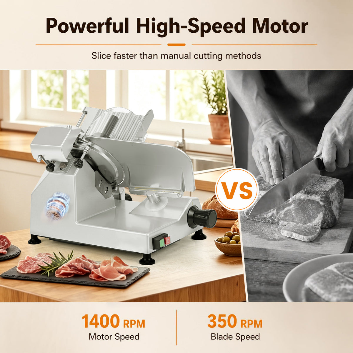 Commercial Meat Slicer with 10" Carbon Steel Blade and 0-0.47" Adjustable Thickness for Frozen Meat Cheese-Silver